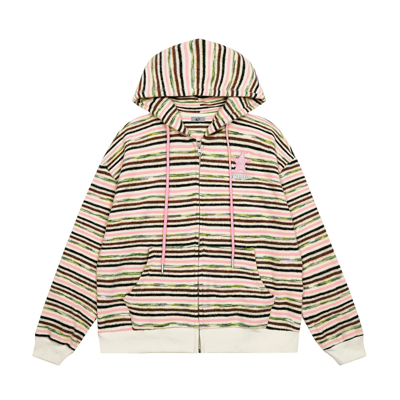 Front view of striped knit zip hoodie with pink drawstrings and chest star patch