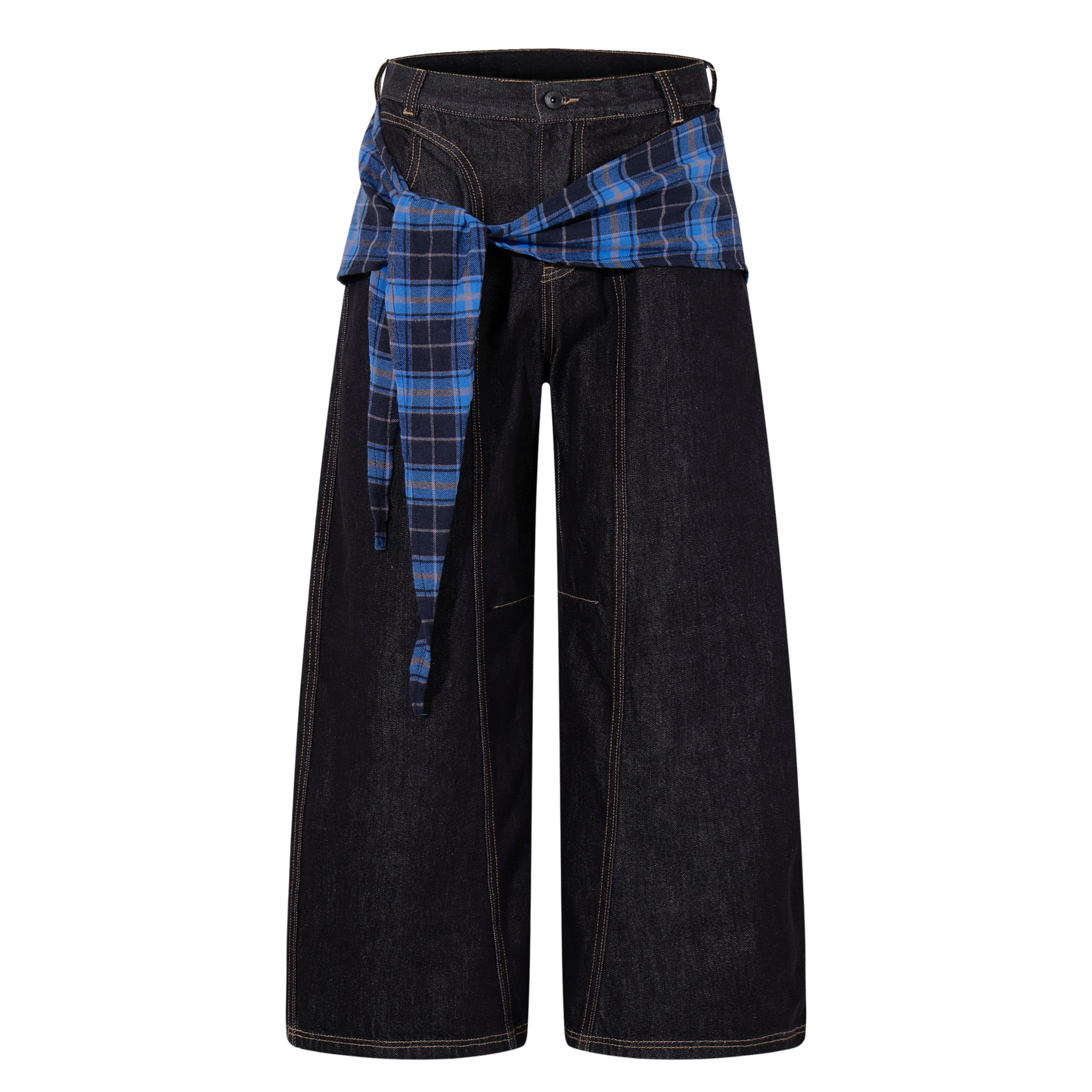 Omirad Plaid-Panel Wide-Leg Jeans | Dark Wash Denim