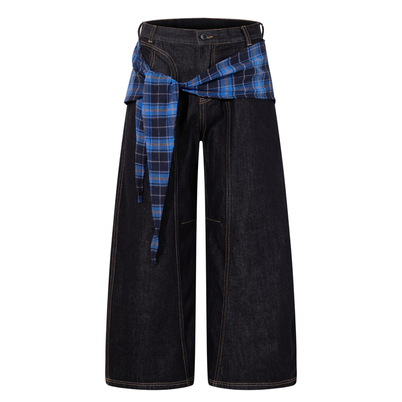 Front view of dark wash wide-leg jeans with blue plaid panel tied at the waist