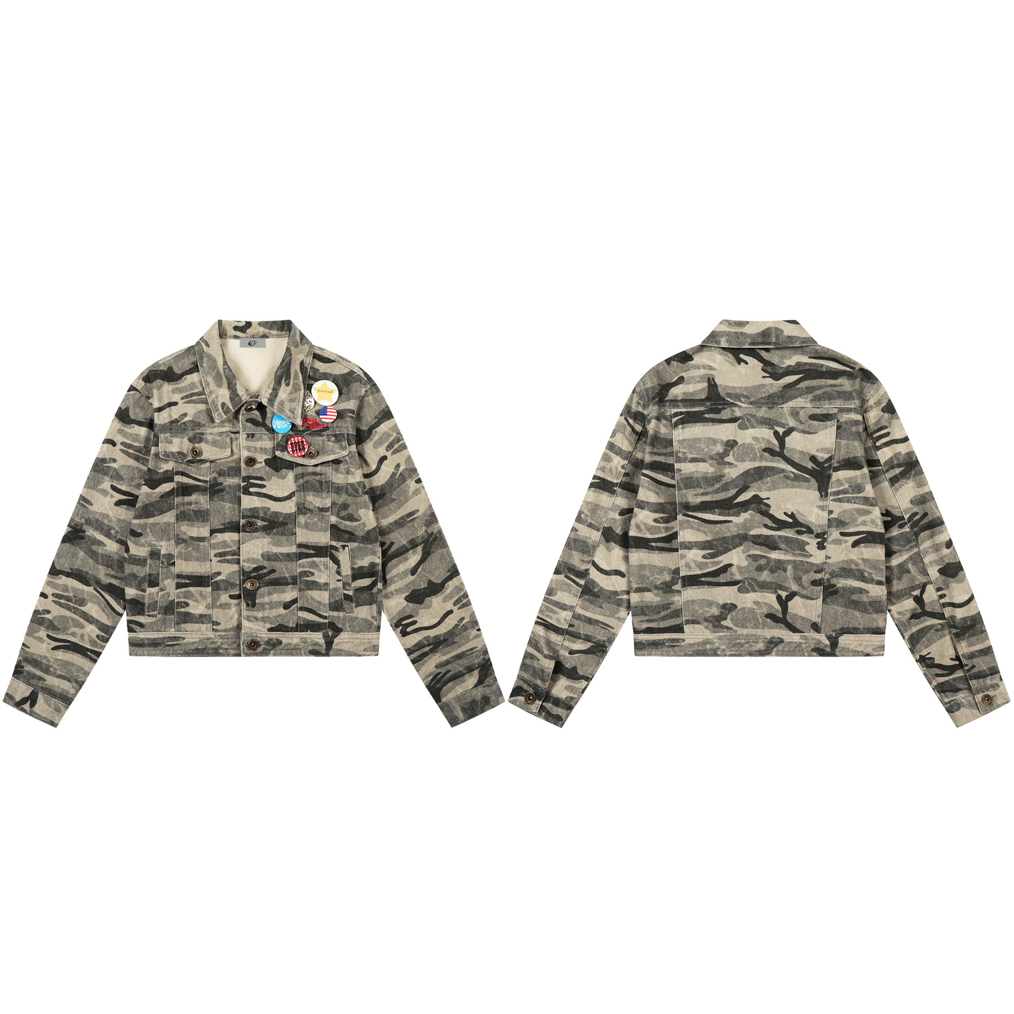 Front and back view of a cropped camouflage denim trucker jacket with colorful removable pin badges on the chest