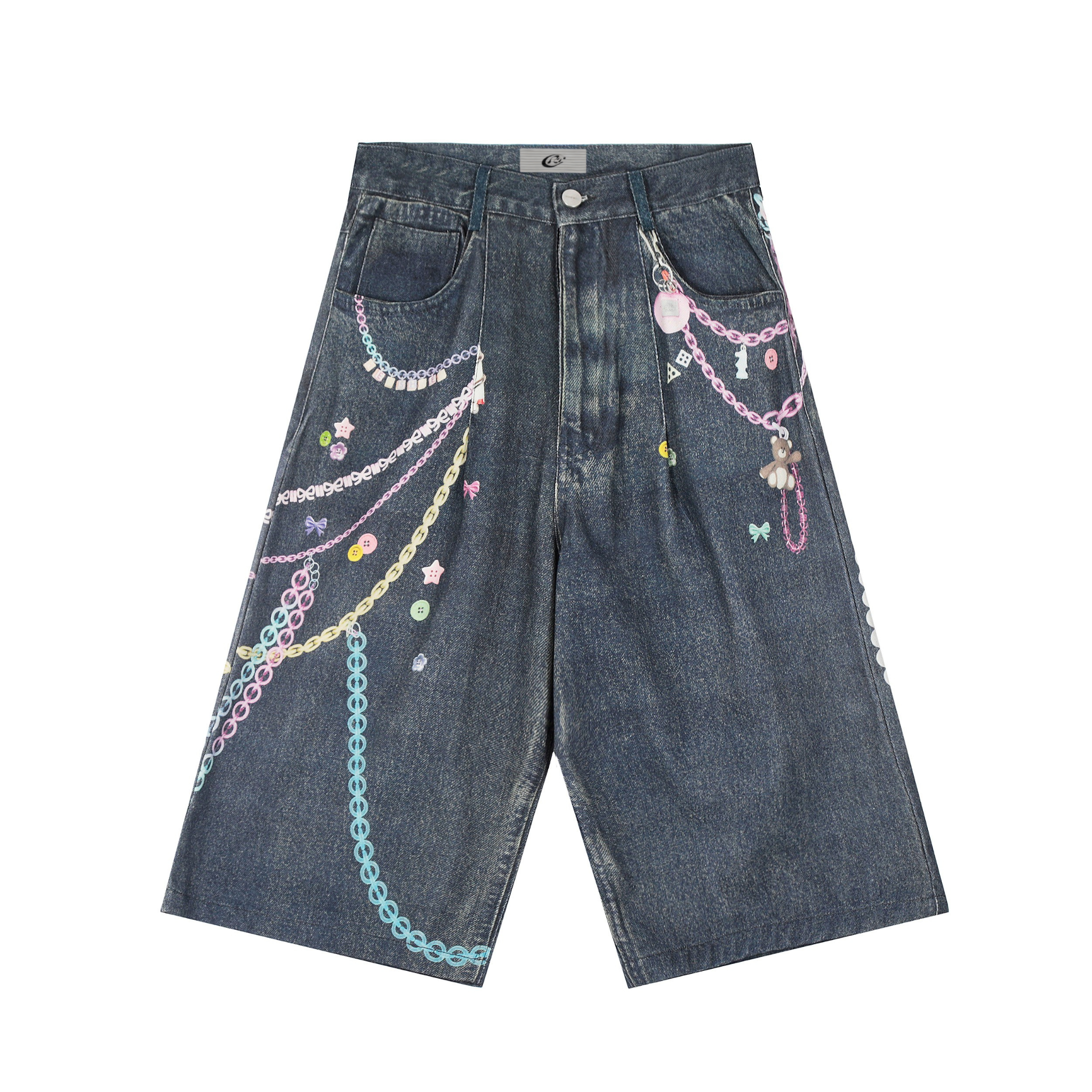 Omirad Chain Graffiti Wide-Leg Denim Shorts | Street Style