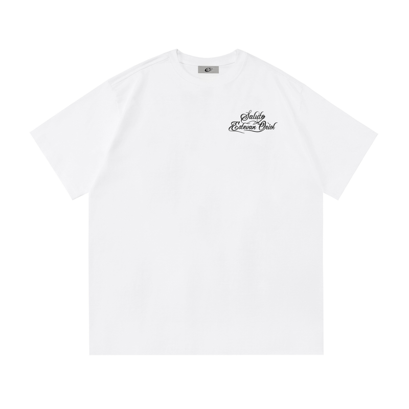 White oversized tee with small Saludo Estevan Oriol script graphic on the chest