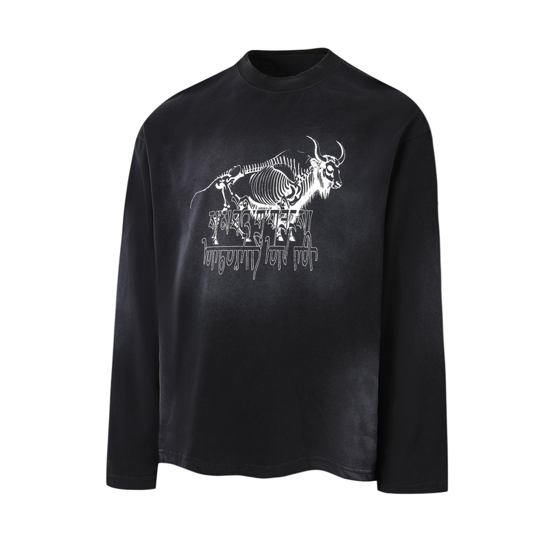 Front view of black long-sleeve tee with white skeleton bull print and distressed text graphic