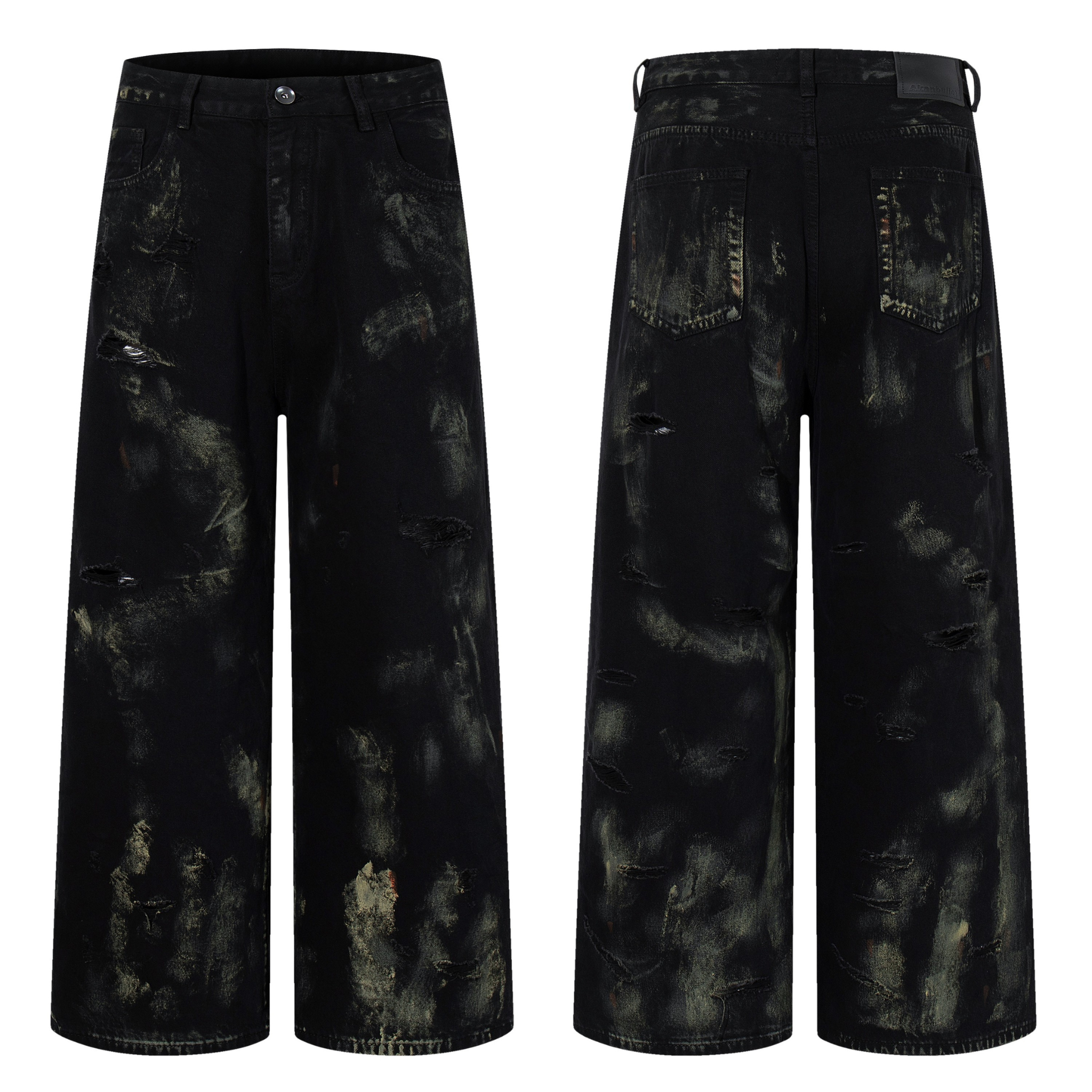 Front and back view of black wide-leg jeans with paint-wash distressing and tear details on white background