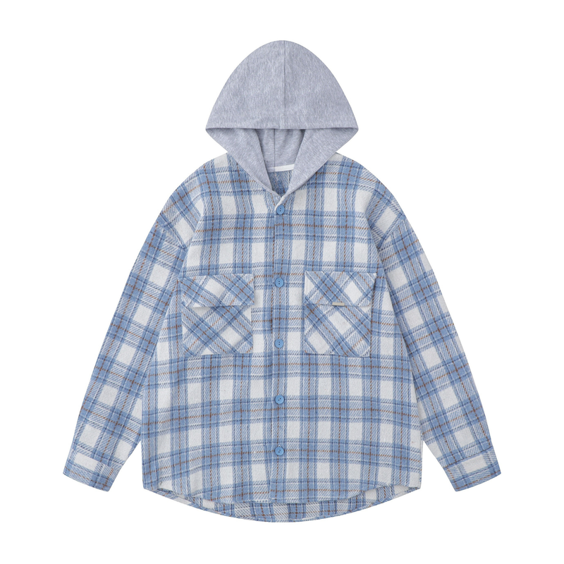 Front view of light blue plaid hooded flannel overshirt with gray contrast hood and chest pockets