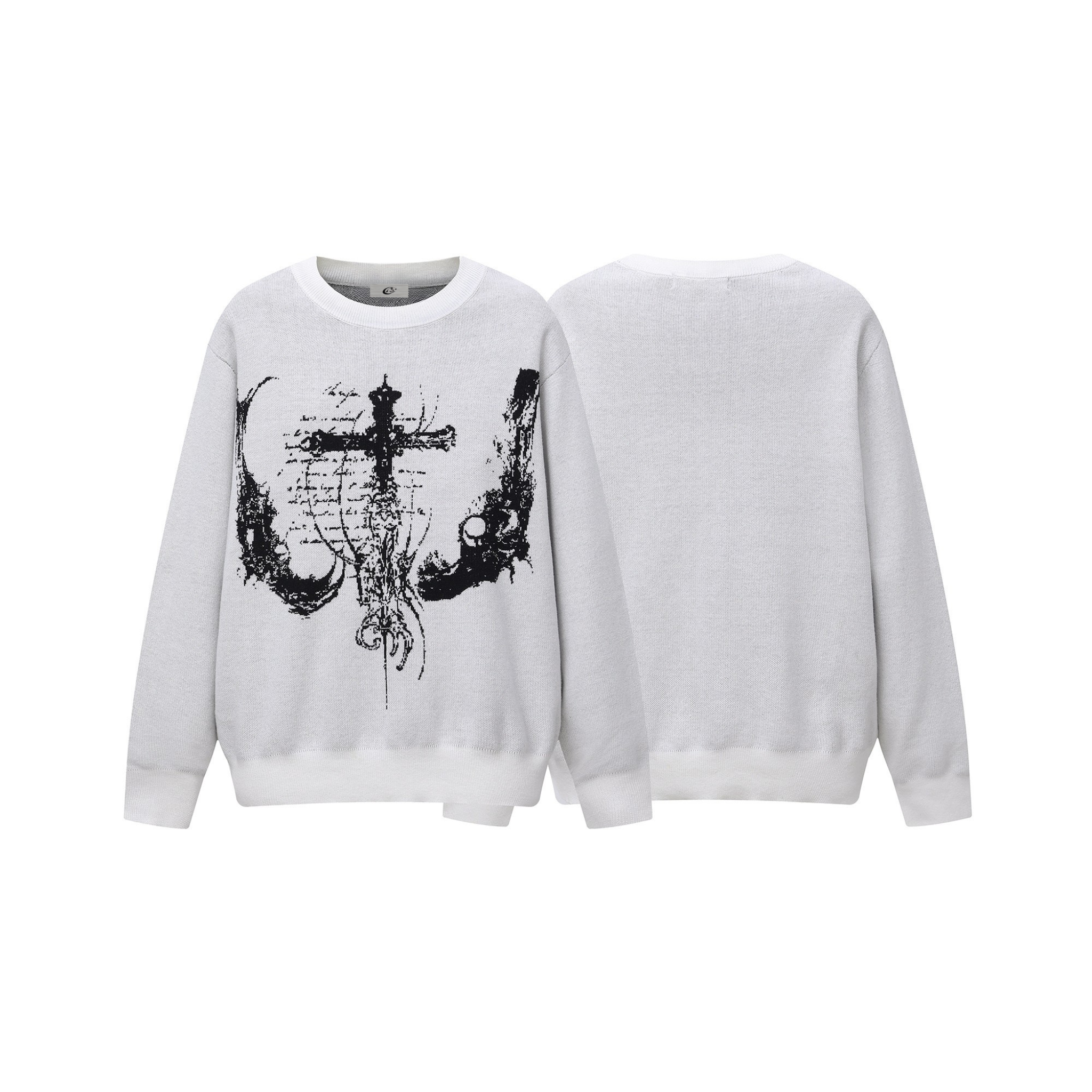 White knit sweater with large gothic cross and abstract ink graphic print on the front, shown front and back
