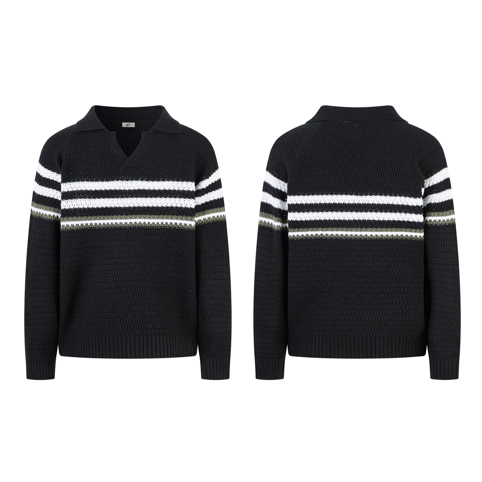 Men's black knit polo sweater with white and olive horizontal chest stripes, shown front and back on a flat lay