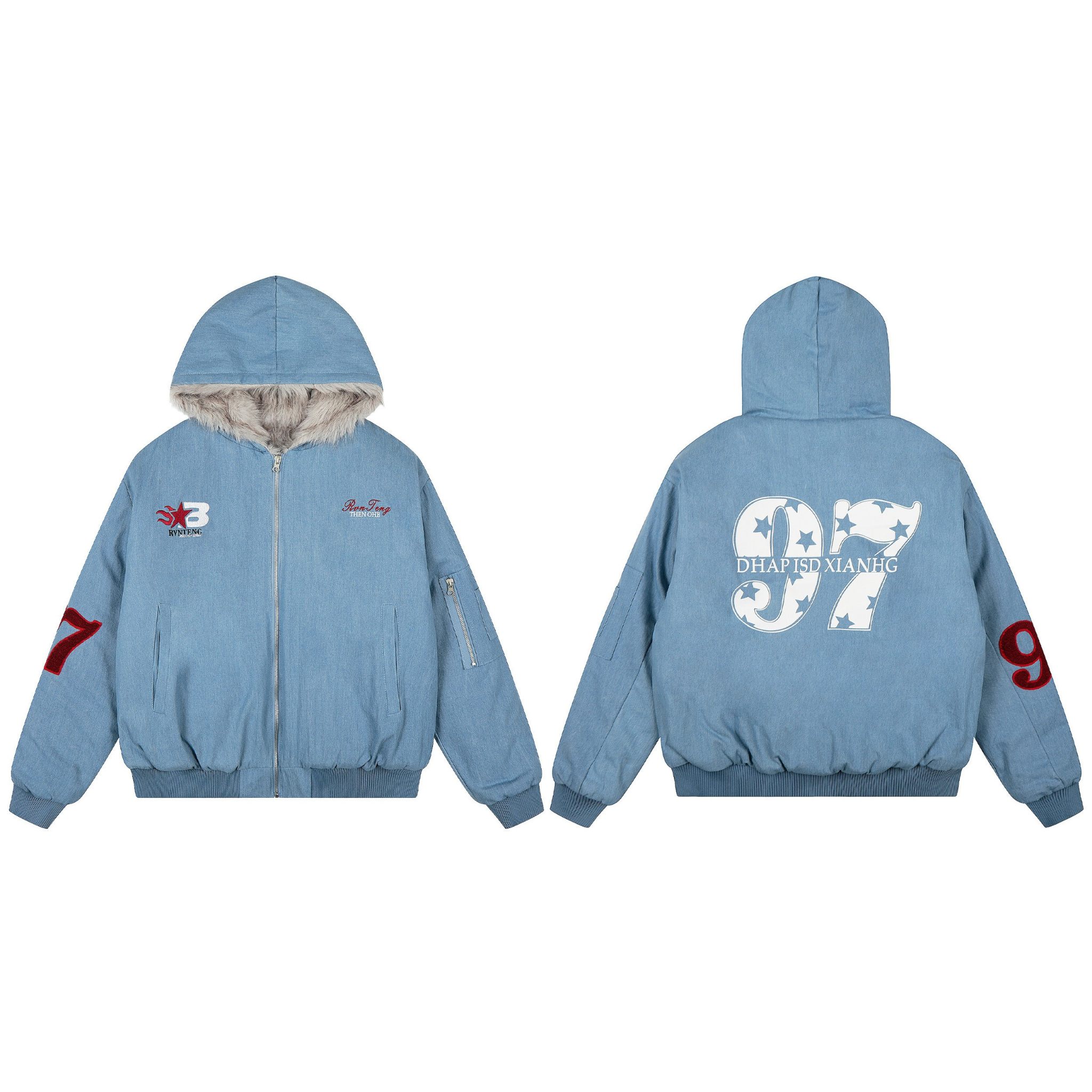 Light blue denim varsity hooded jacket with faux fur lining, embroidered 97 back graphic and red chenille sleeve numbers, fro