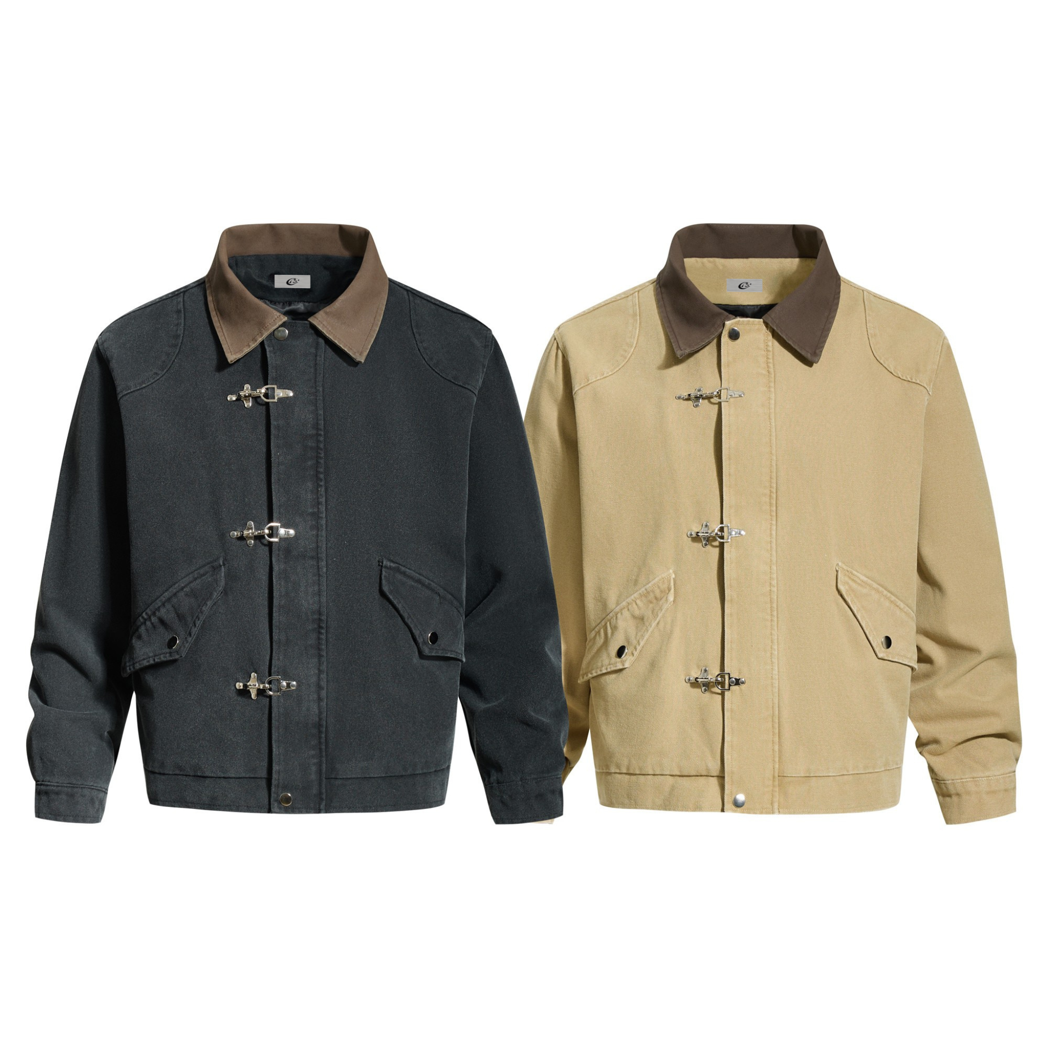 Omirad Classic Toggle Work Jacket in washed charcoal and khaki, front view showing metal toggle closures and contrast brown c