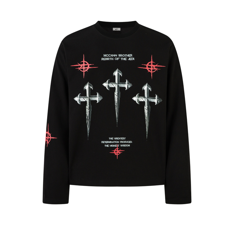 Front view of black long sleeve tee with gothic cross print and red symbol graphics