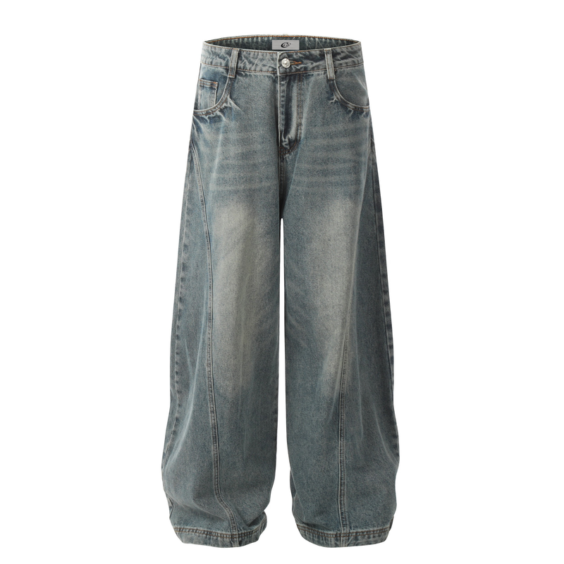 Vintage wash curved-panel balloon denim pants front view