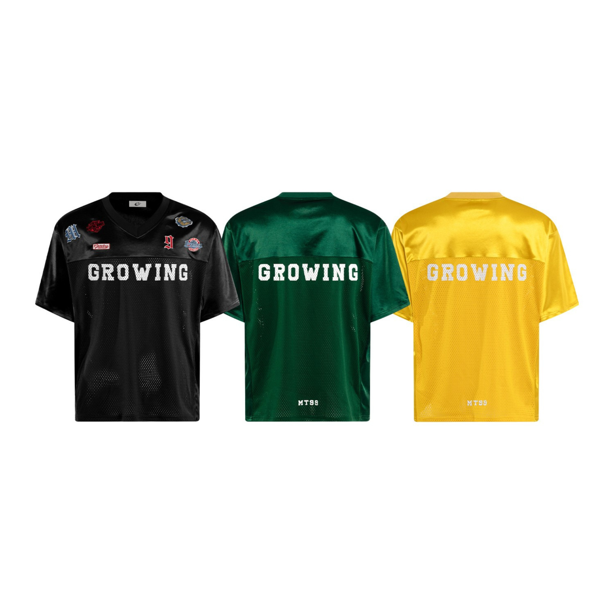 Black patchwork mesh football jersey tee with bold GROWING lettering and embroidered-style patch graphics on the chest