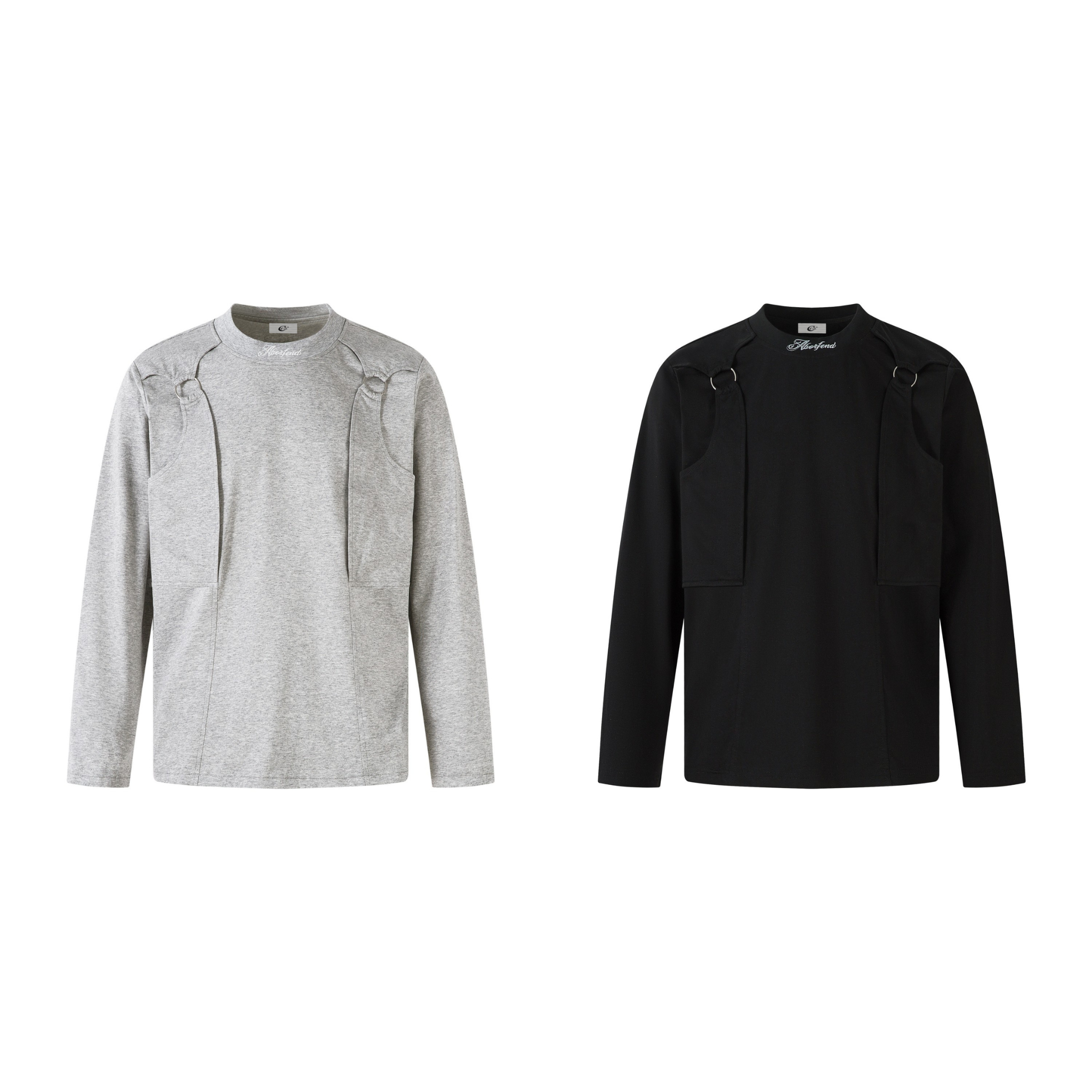 Heather grey long sleeve structured panel tee with metal D-ring shoulder accents and layered front panel design, flat lay on