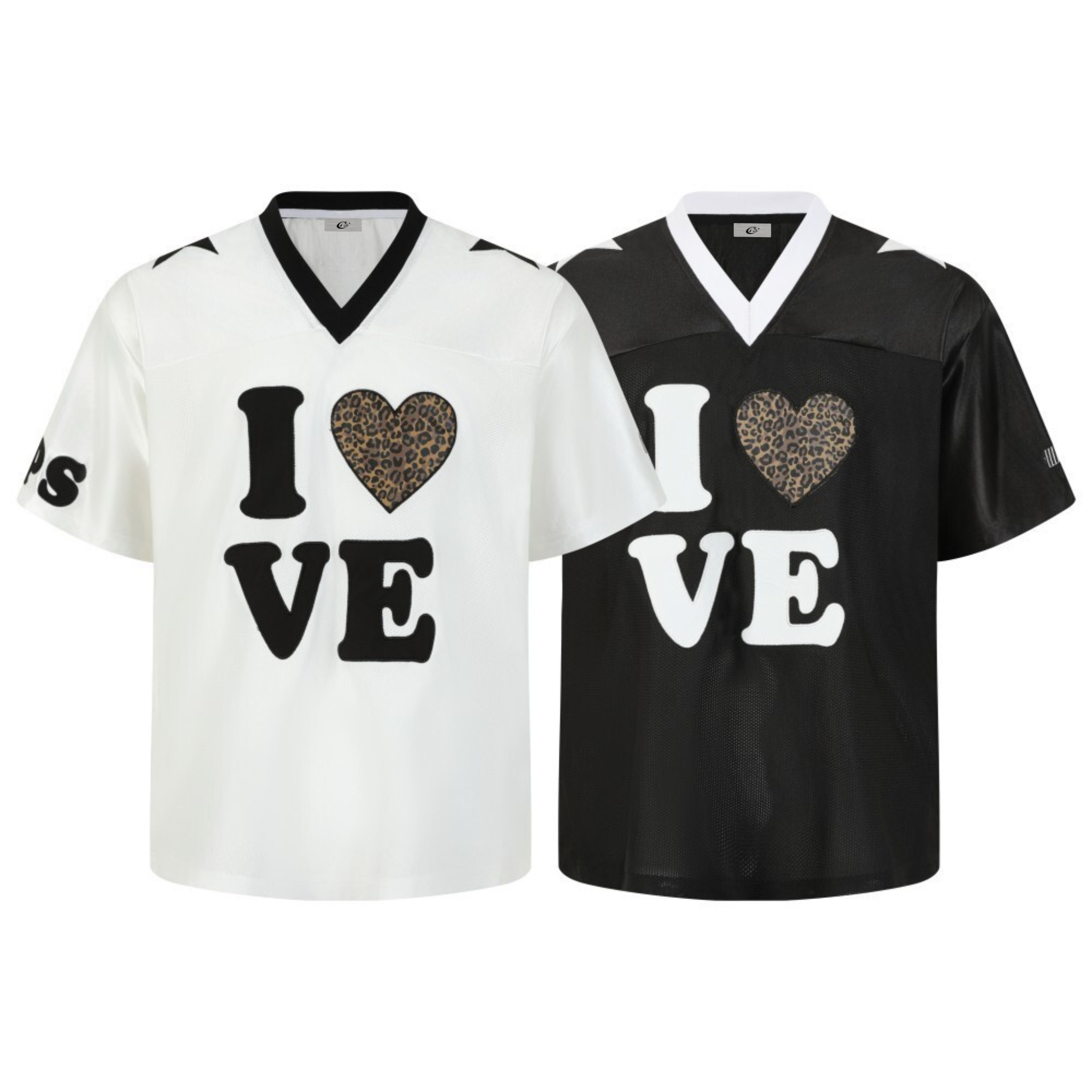 White and black I Love leopard heart varsity mesh jerseys displayed side by side on a white background