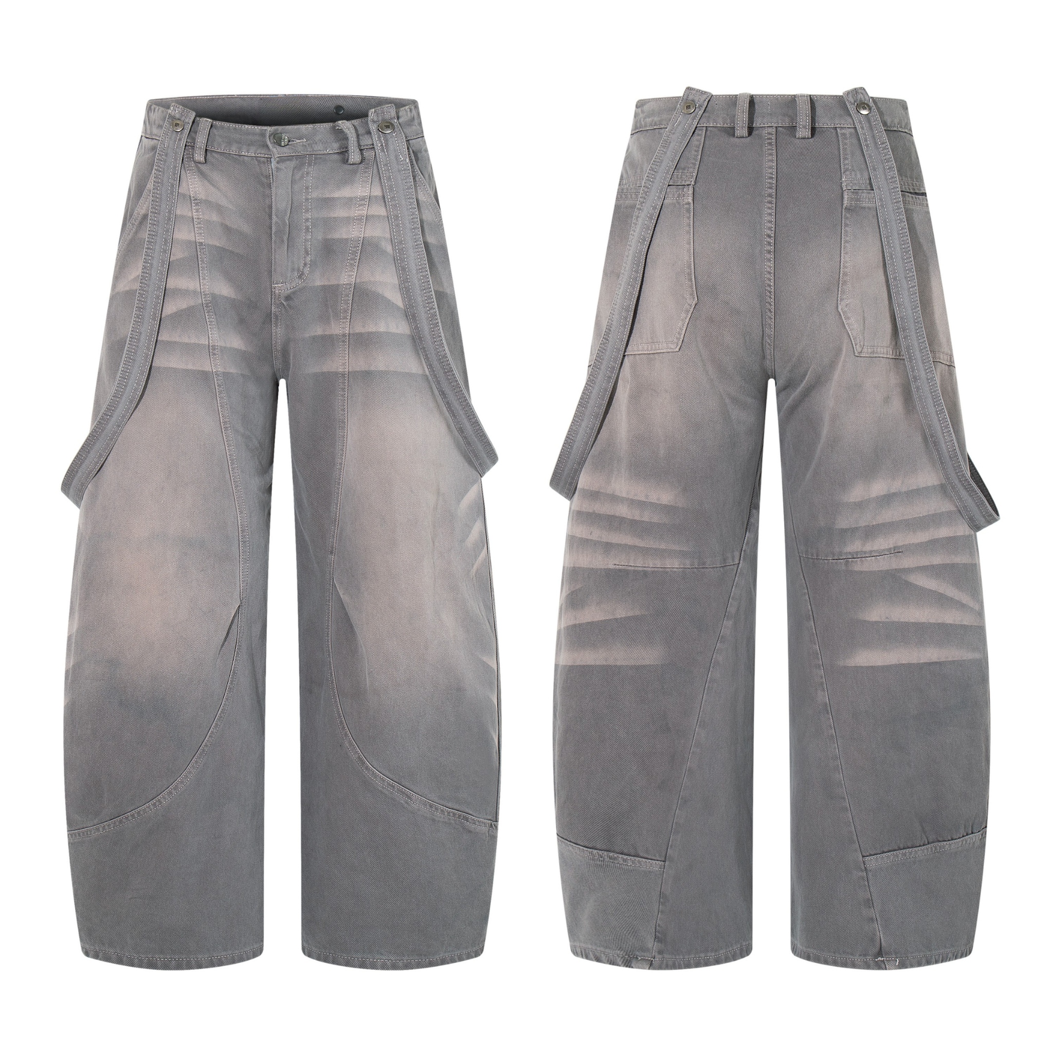 Front and back view of grey washed wide-leg jeans with extended side straps and curved panel seams