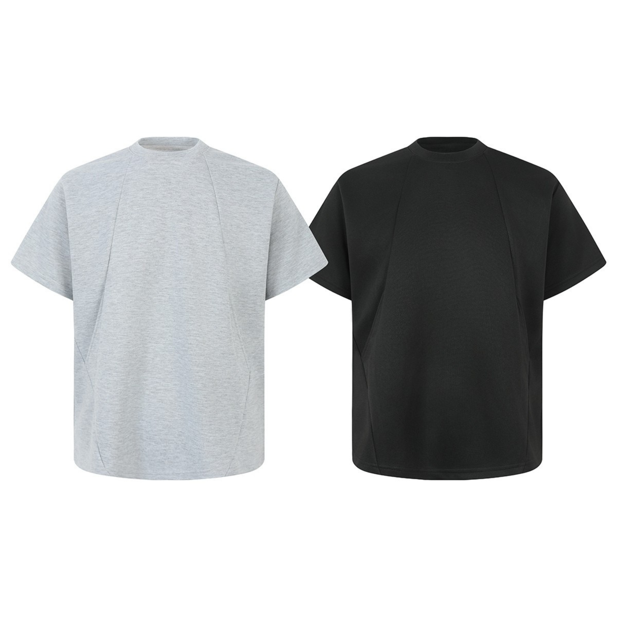 Omirad Minimal Cut oversized structured tee in heather grey and black with geometric front seam detailing, crew neck, short s