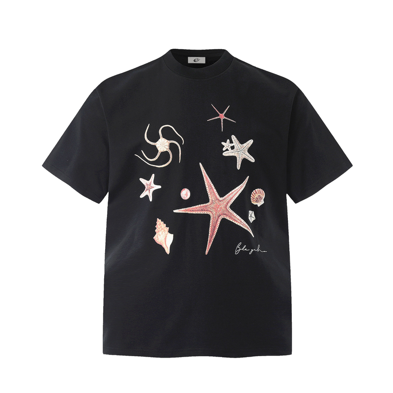 Black graphic T-shirt with starfish, shell, and seashell prints in a coastal-inspired scattered design