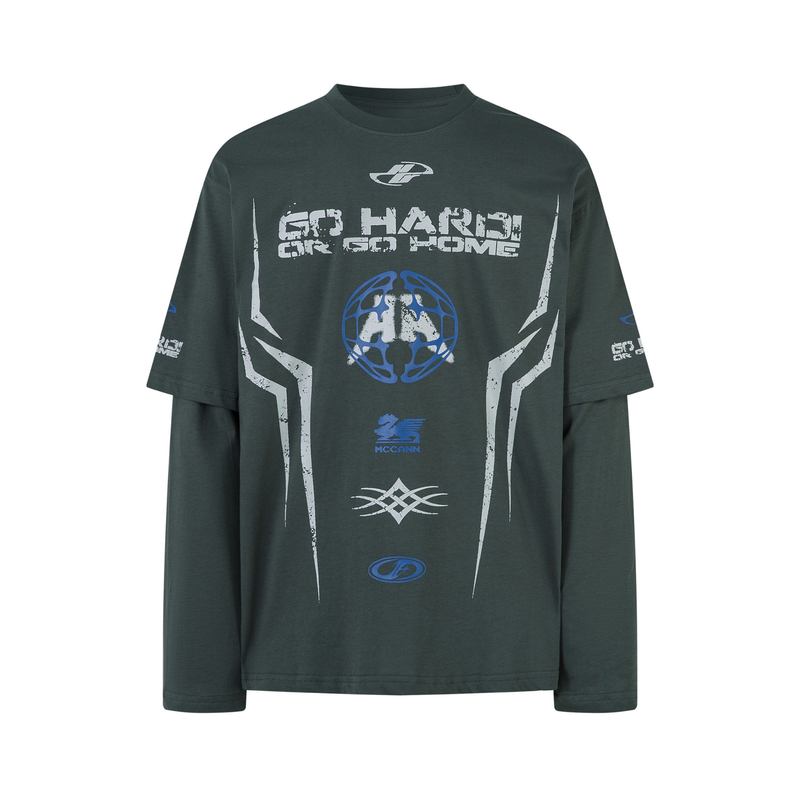 Dark green long sleeve tee with white racing graphic and blue circular logo, front view