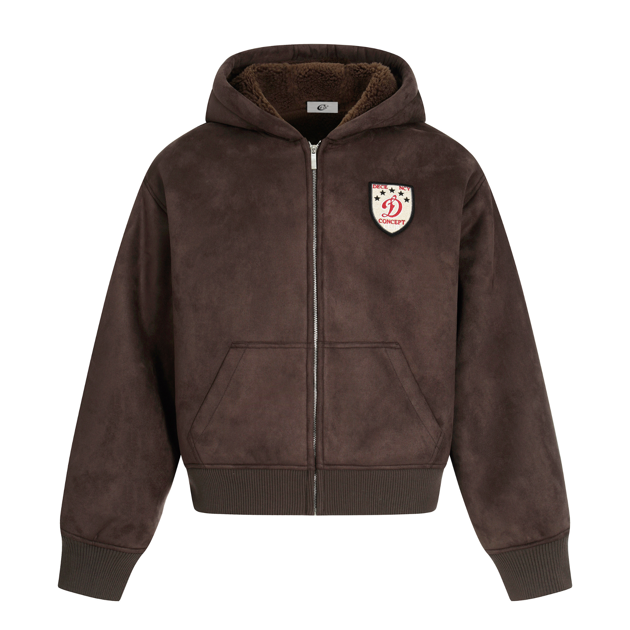 Fleece-Lined Brown Suede-Texture Zip Hoodie Jacket