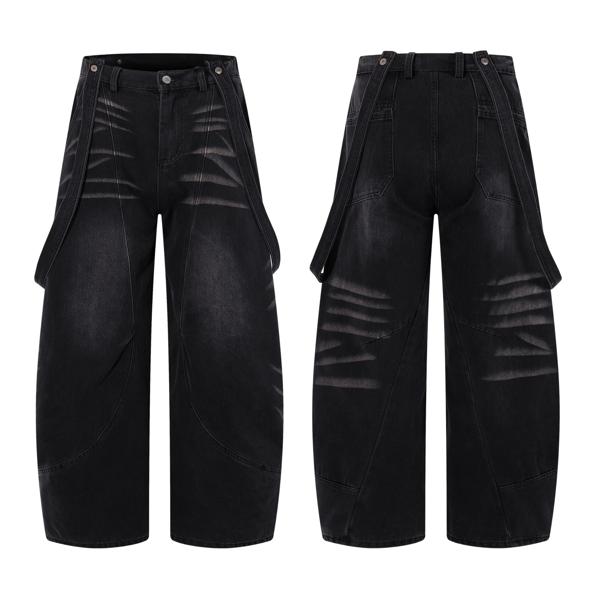 Front and back view of dark washed wide-leg jeans with extended side straps and whisker abrasion detailing