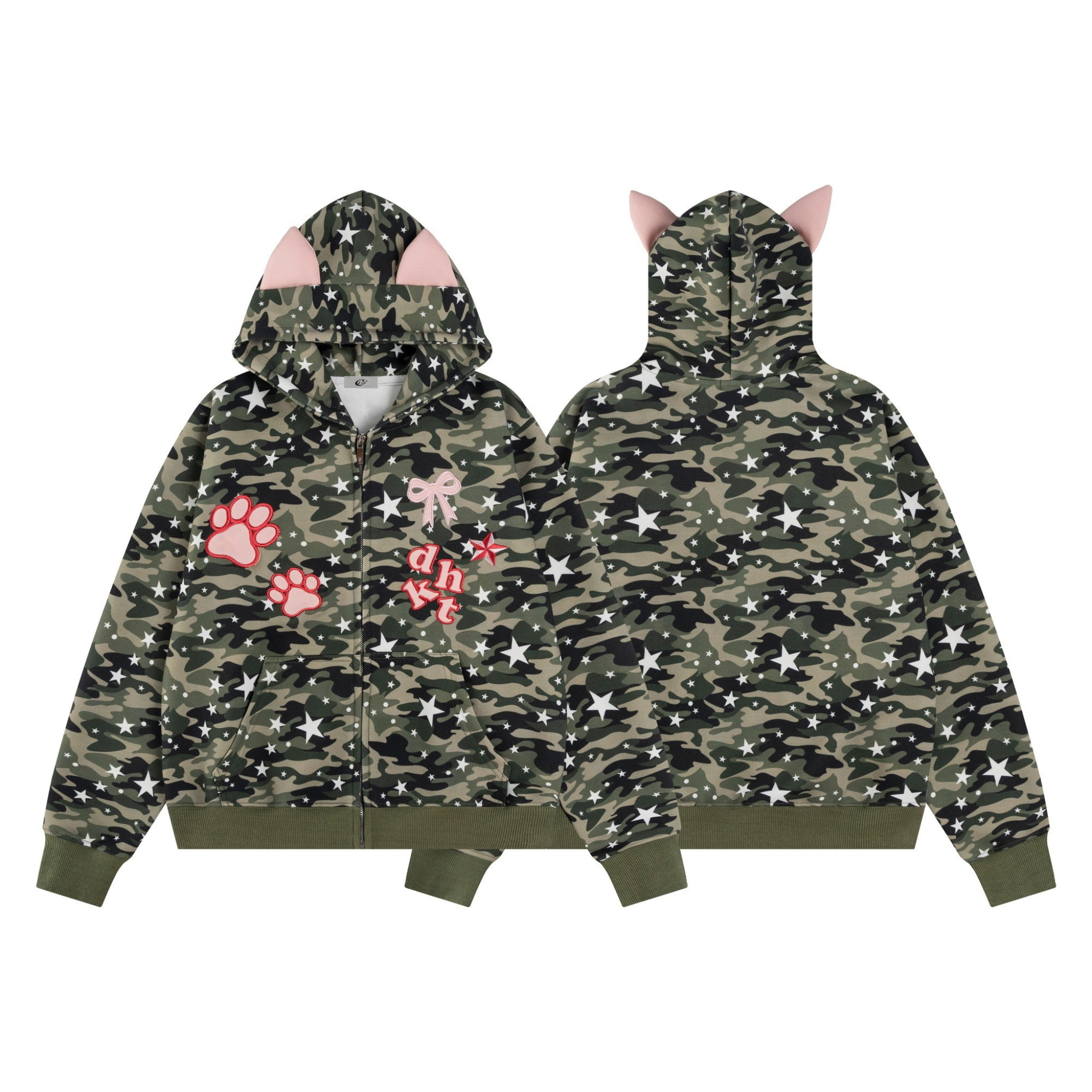 Front and back view of a green camo zip hoodie with pink 3D cat ears, white star print, and embroidered paw patches