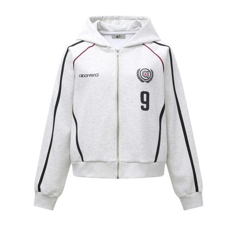 Light gray zip-up hoodie front view with hood, black sleeve stripes, and large chest number 9