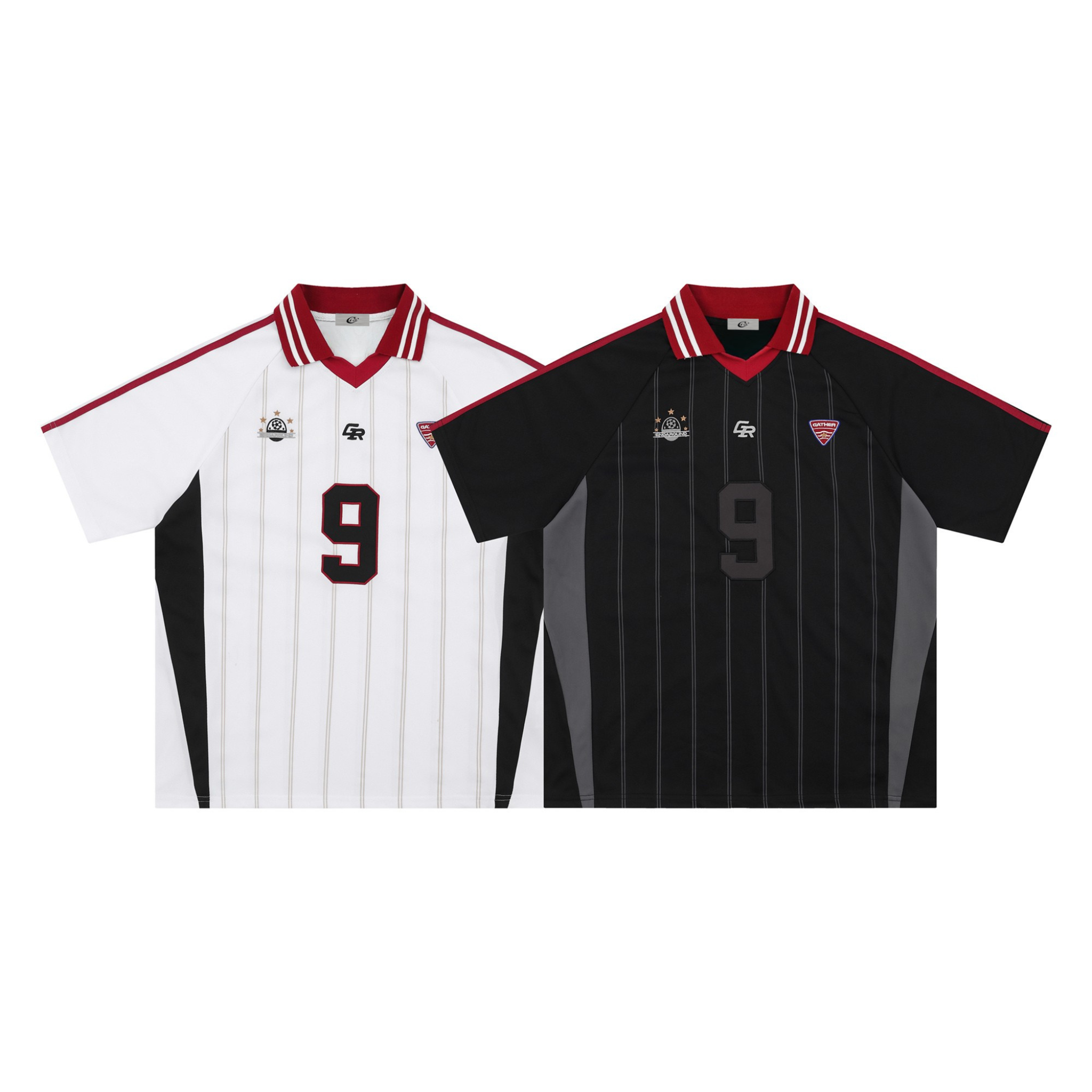 White and black pinstripe soccer jersey polos with red collar, embroidered crests, and number 9 appliqué, laid flat on white