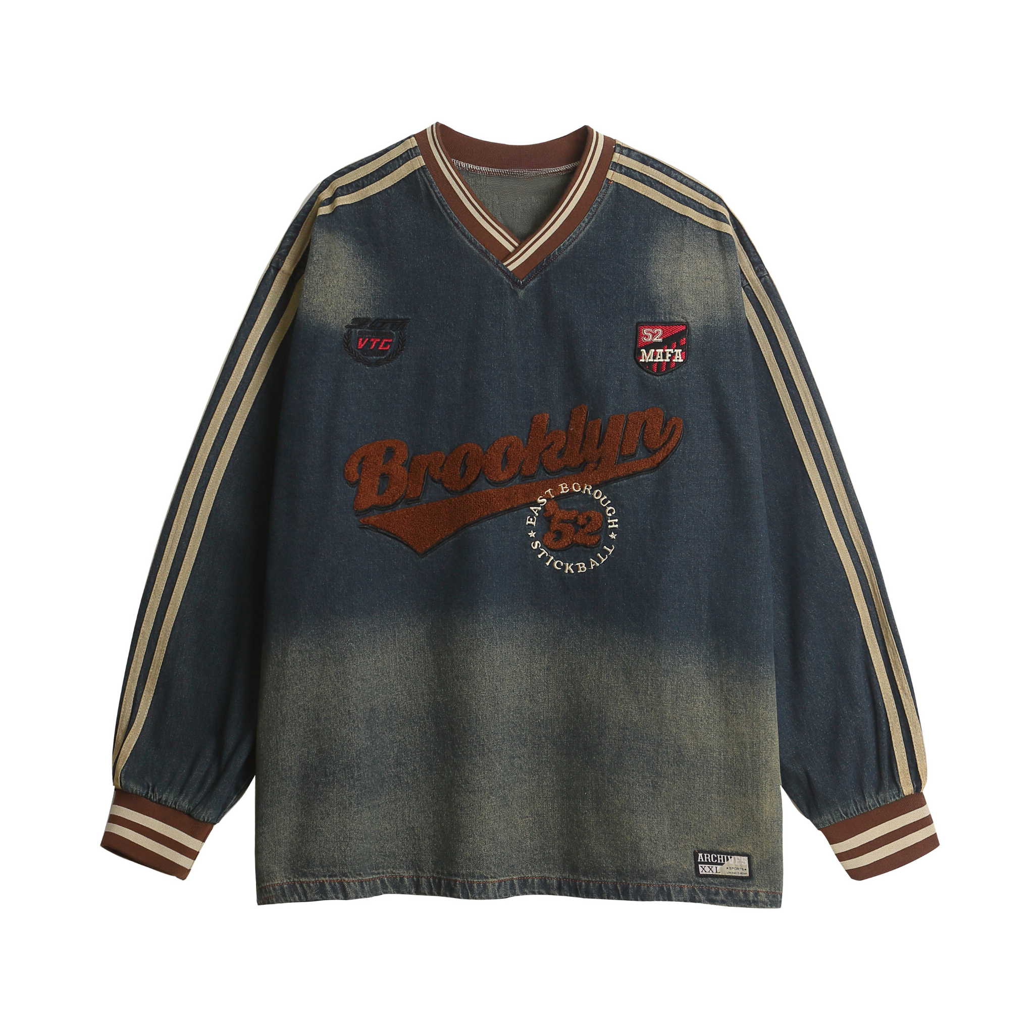 Vintage washed denim sweatshirt with chenille Brooklyn lettering, athletic sleeve stripes, and rib-knit V-neck collar