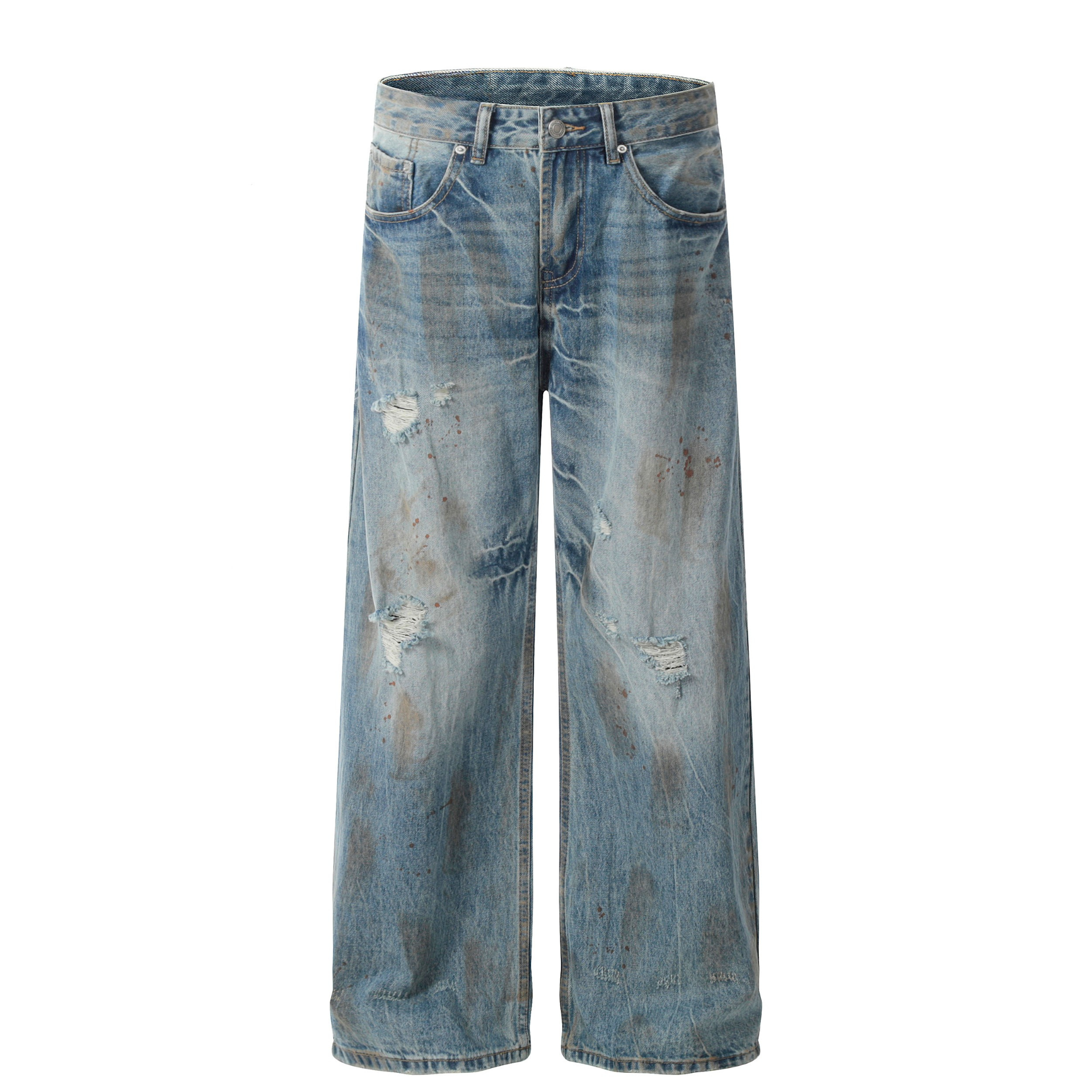 Rust-Wash Distressed Wide-Leg Jeans | Omirad