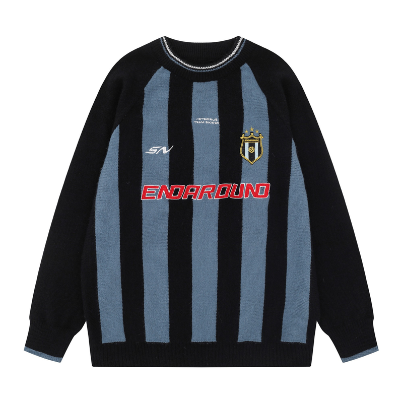 Black striped knit sweater with crest and red ENDAROUND logo, front view
