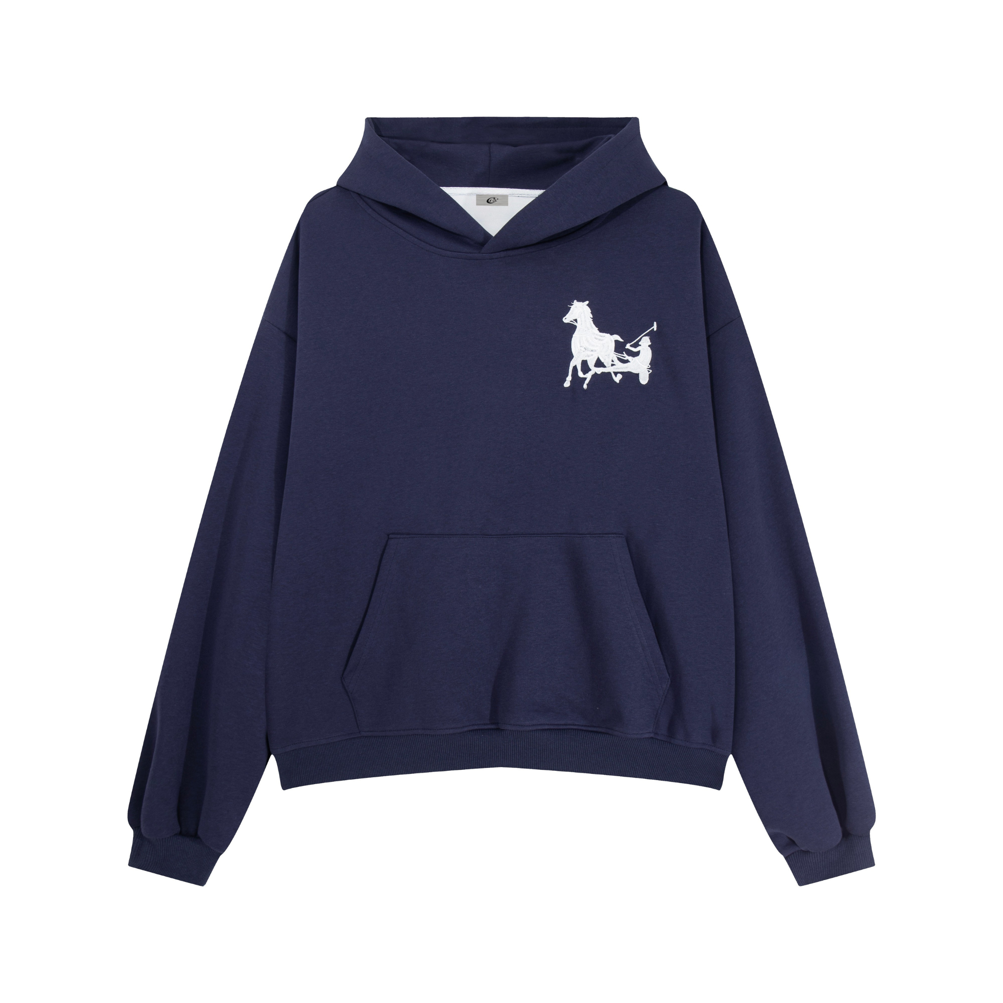 Navy oversized pullover hoodie with white horse-and-chariot chest graphic and kangaroo pocket, front view