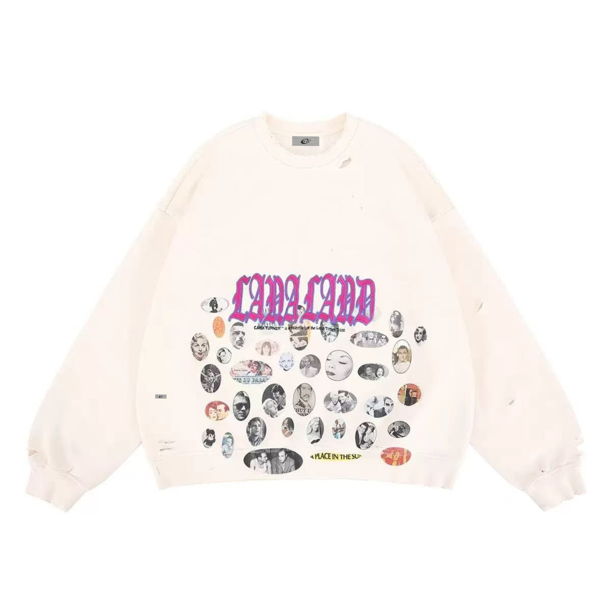 Cream oversized sweatshirt with Lara Land gothic logo and vintage oval portrait collage print on the front