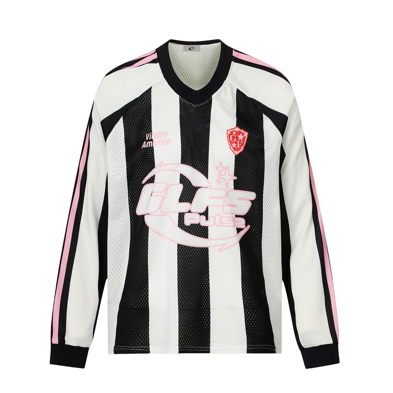 Front of black and white striped long-sleeve football jersey tee with pink graphics and sleeve stripes