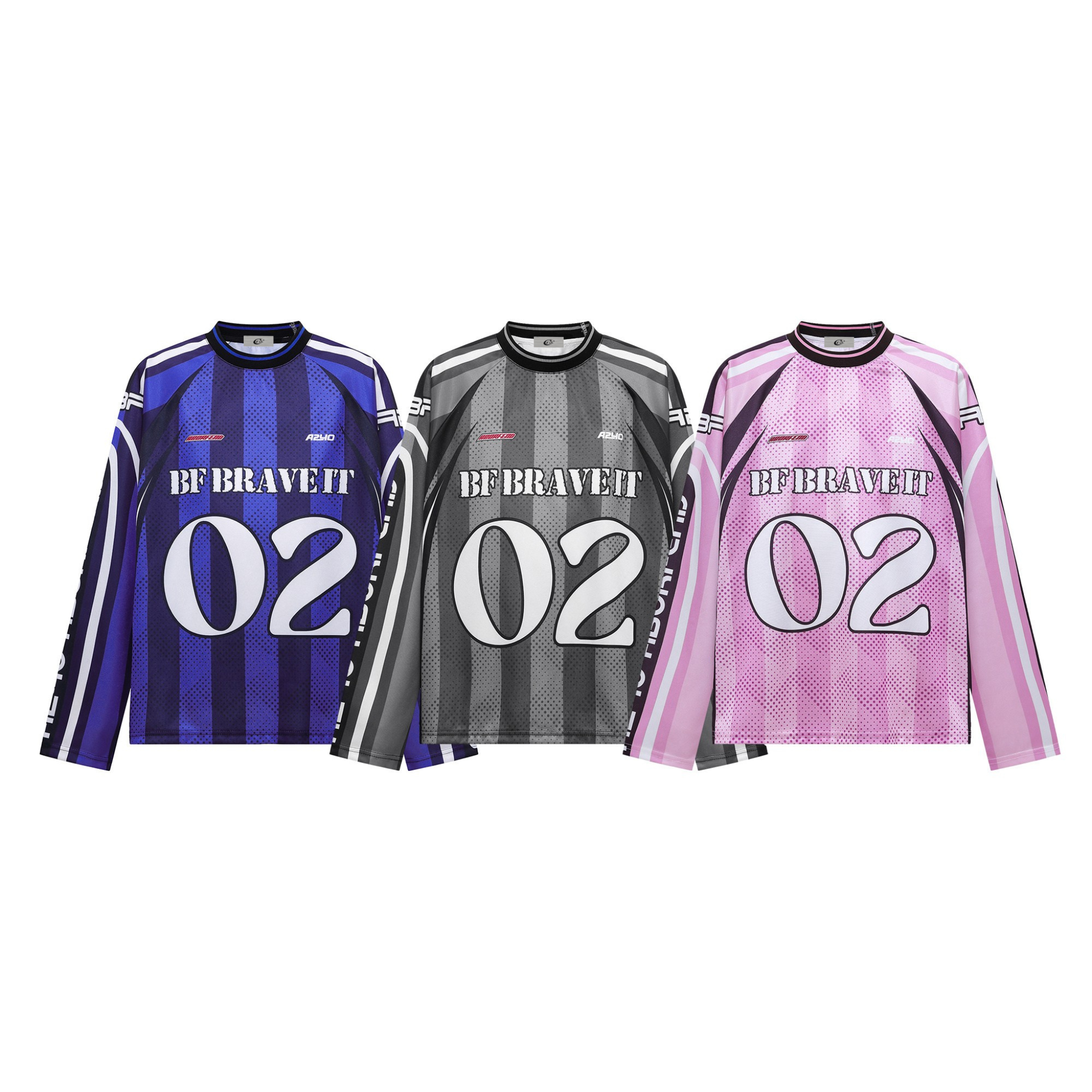 Three BF Brave It 02 graphic long sleeve jerseys in blue, grey, and pink with vertical stripe panels and bold chest number
