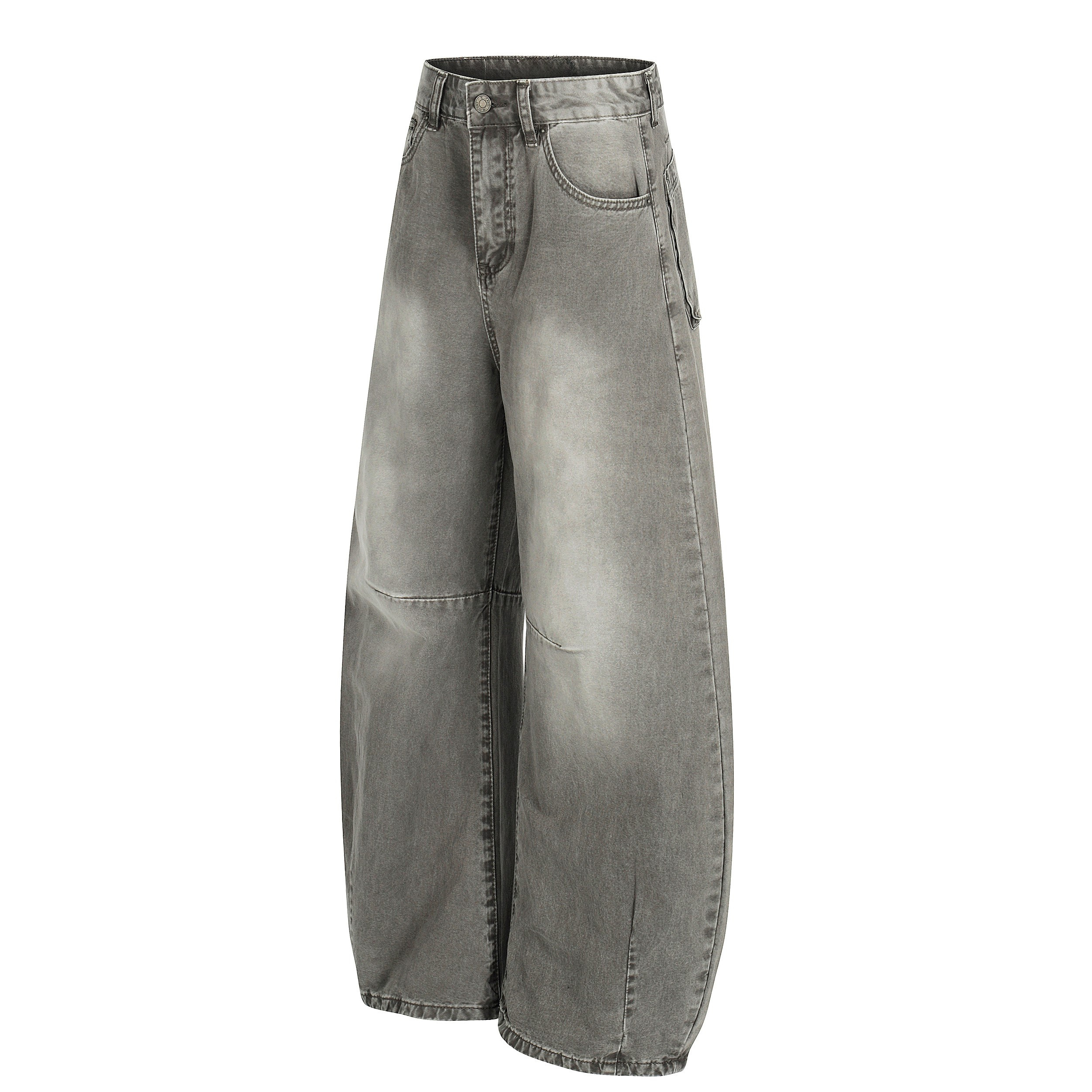Vintage Grey Washed Wide Curved-Leg Denim Jeans | Omirad