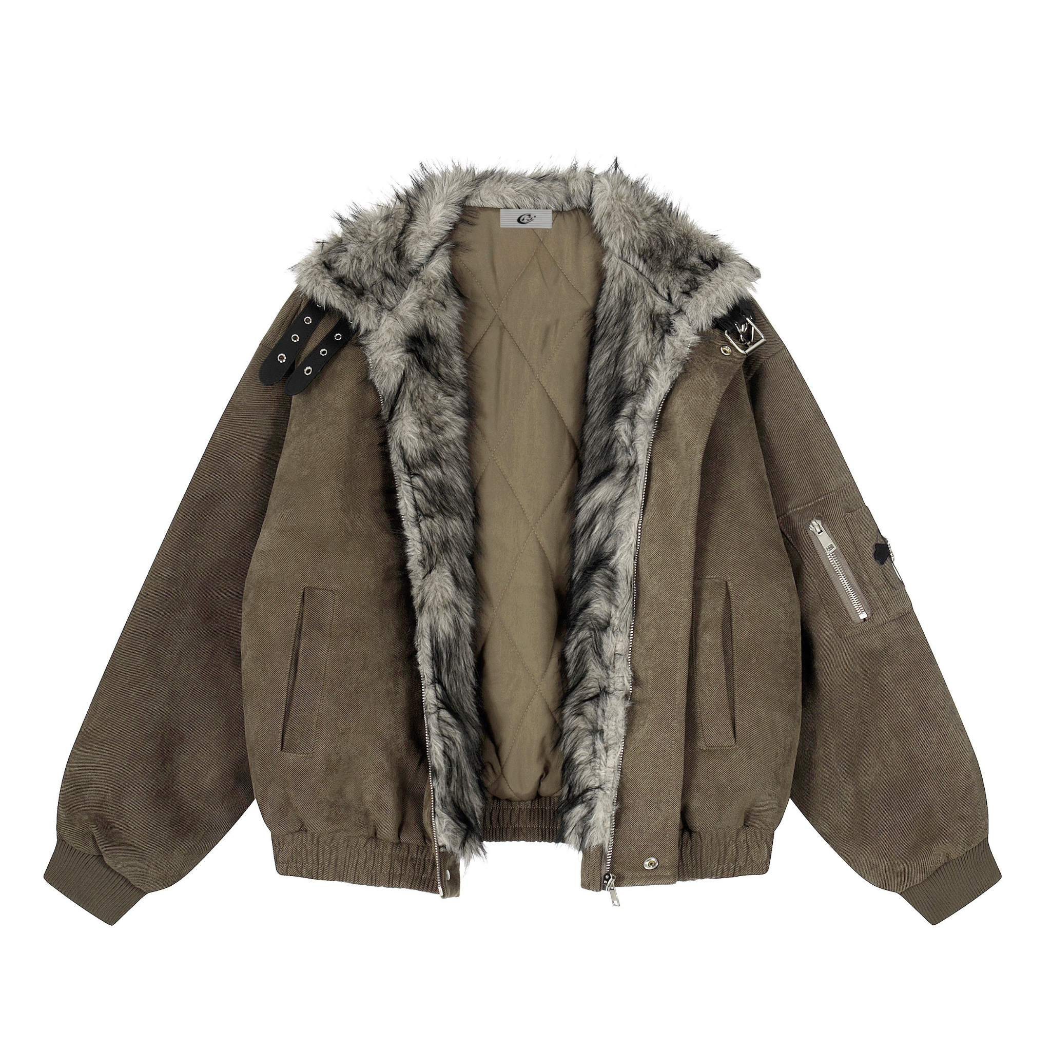 Faux Fur Collar Suede-Texture Buckle Bomber Jacket
