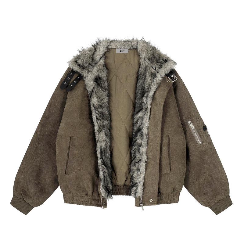 Faux Fur Collar Suede-Texture Buckle Bomber Jacket