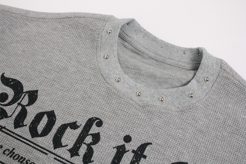 Gray waffle knit graphic tee with black gothic print and studded crew neckline detail