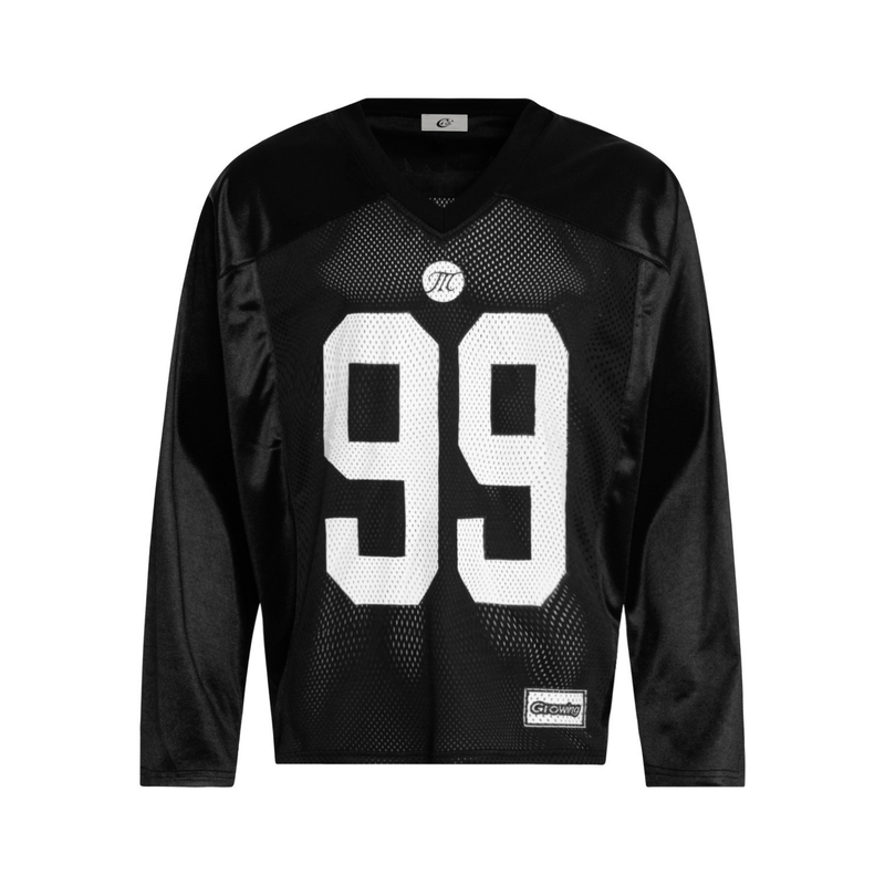 Front of black long-sleeve mesh jersey with white 99 and Growing chest logo