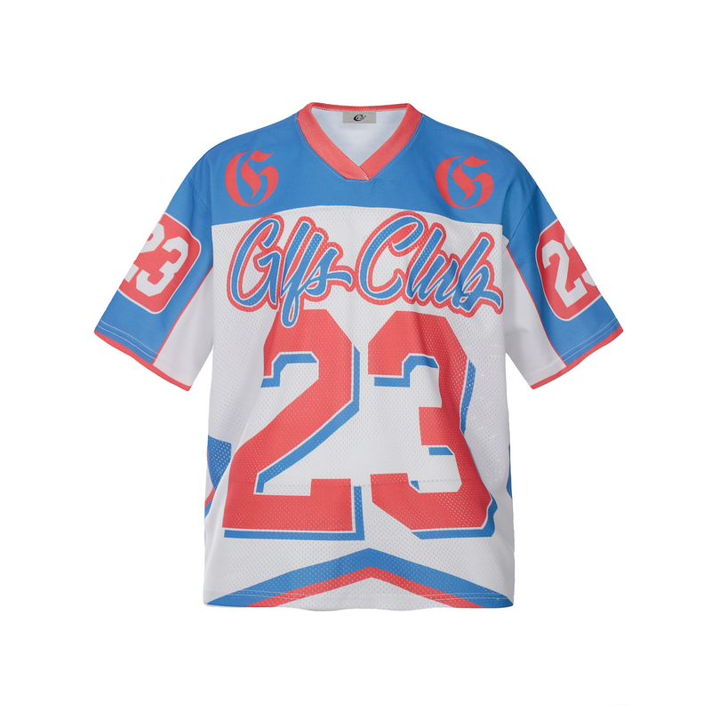 Retro colorblock football jersey in blue, white and red with Glfs Club lettering and number 23 on the front