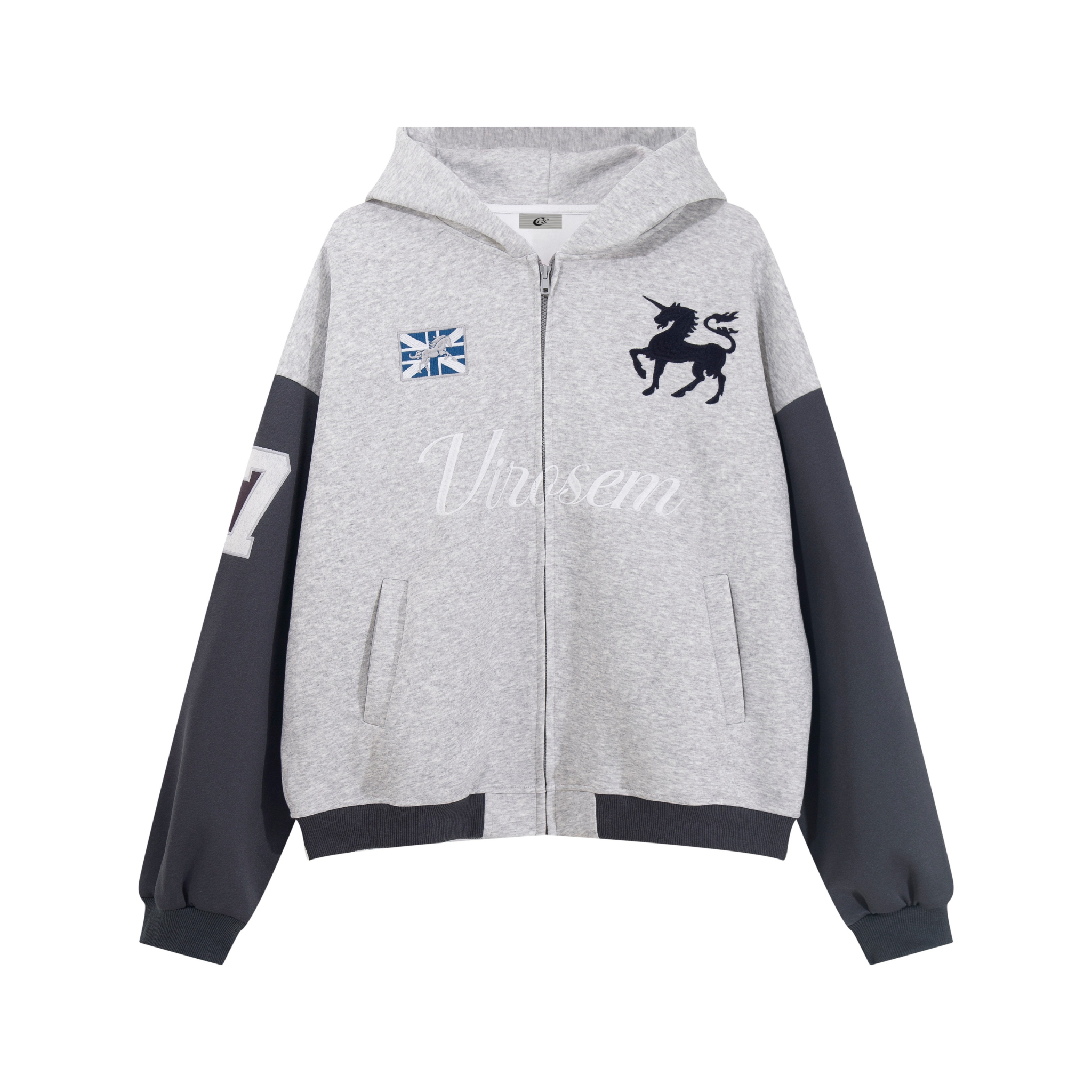 Heather grey and navy Virosem Unicorn Varsity Zip Hoodie with unicorn emblem and Union Jack patch on front