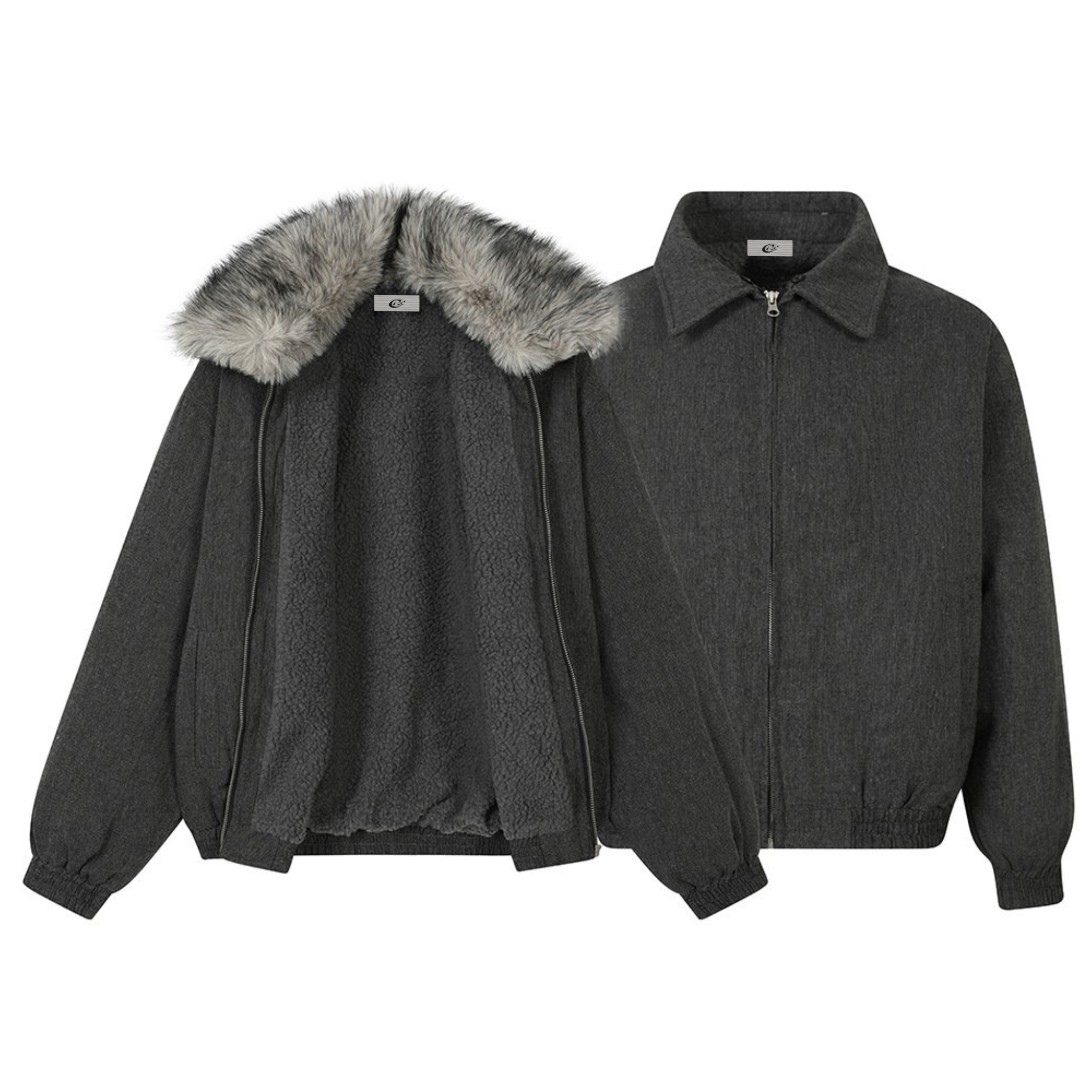 Charcoal grey faux fur-lined winter jacket shown open with sherpa interior and detachable fur collar, alongside closed front