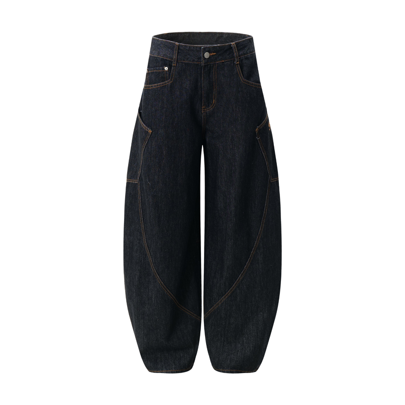 Curved Balloon-Leg Jeans | Dark Indigo Structured Denim