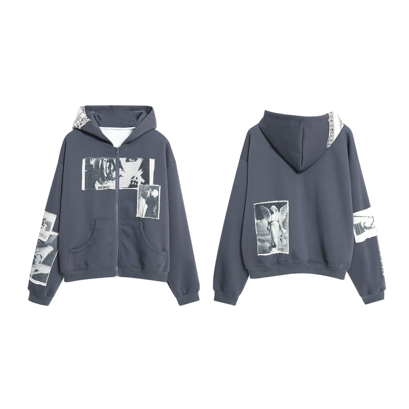 Dark gray zip hoodie front and back views with black-and-white collage patches