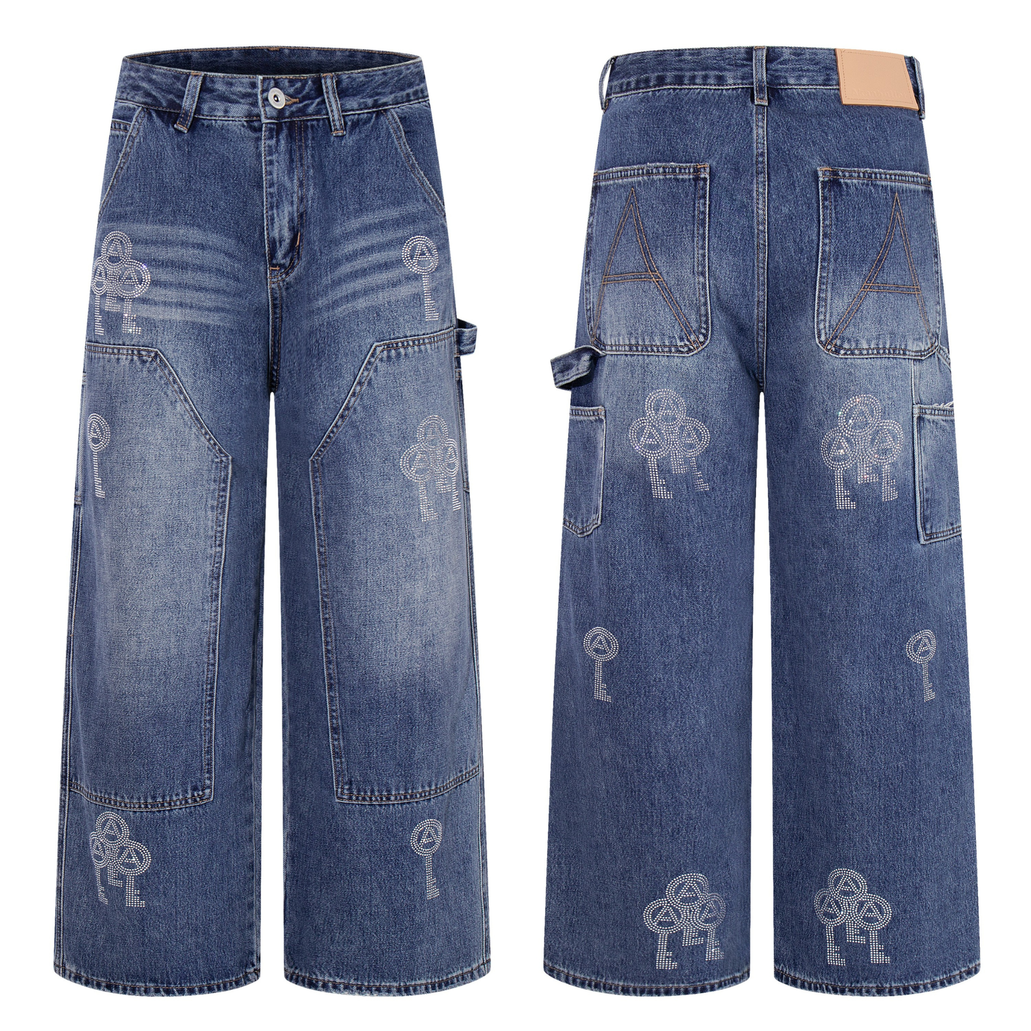Front and back view of wide-leg carpenter jeans in deep blue wash with scattered rhinestone key motifs
