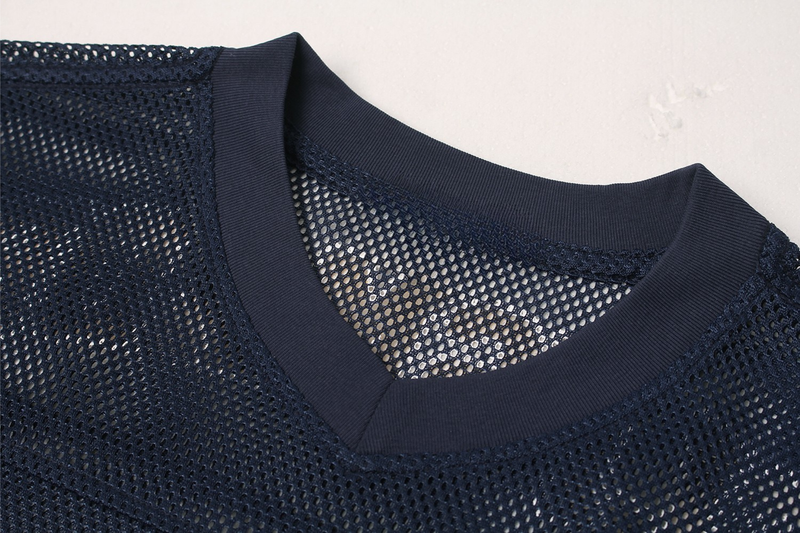 Navy mesh football jersey with ribbed V-neck collar and breathable open-knit streetwear design