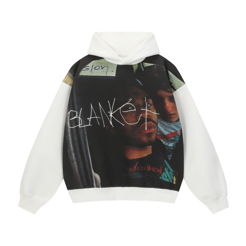 White hoodie with bold photo print graphic on the front and white sleeves