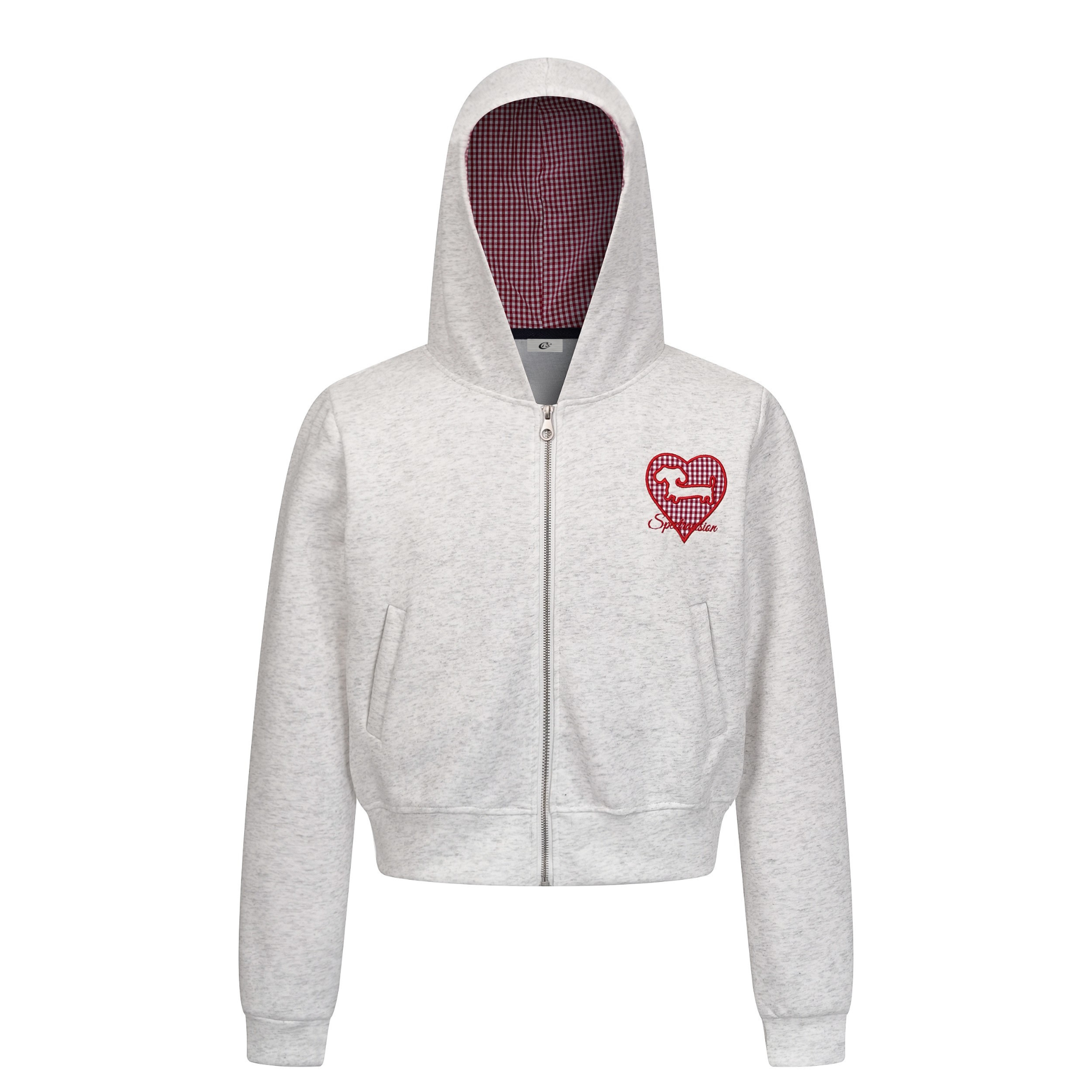 Gingham Heart Embroidered Cropped Zip Hoodie | Women