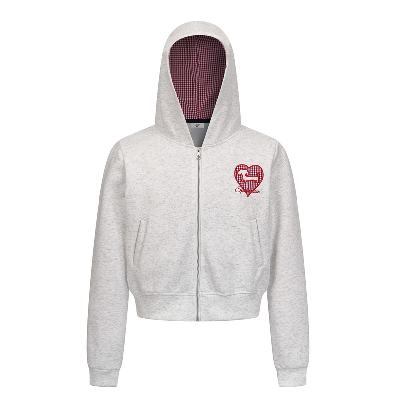 Light gray cropped zip hoodie with red gingham heart embroidered on the chest, front view