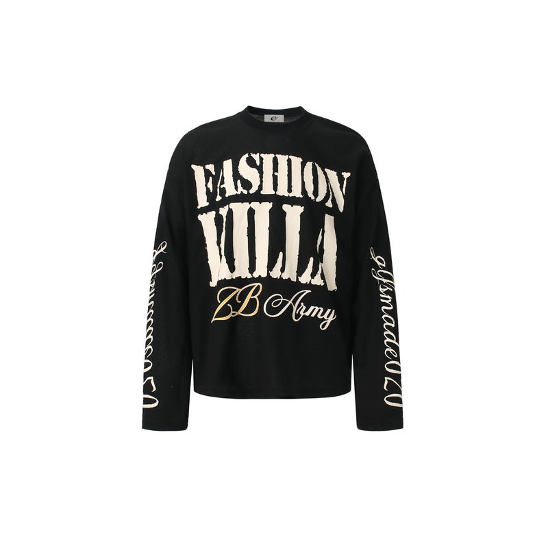 Black waffle knit long sleeve top with large Fashion Killa graphic on the front